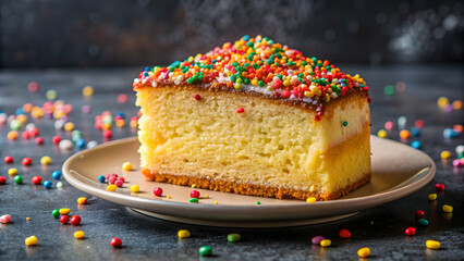 A delicious slice of homemade cake with colorful sprinkles on top, dessert, sweet, pastry, celebration, baked goods