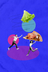 Vertical photo collage of two happy girls pizza delivery junk food vs health lettuce salad diet nutrition isolated on painted background