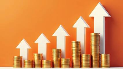 Poster - Stacks of golden coins rise steadily alongside white arrows pointing upward on a bold orange background, symbolizing financial growth and progress in investments
