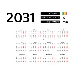 Wall Mural - Calendar 2031 French language with Mali public holidays. Week starts from Monday. Graphic design vector illustration.