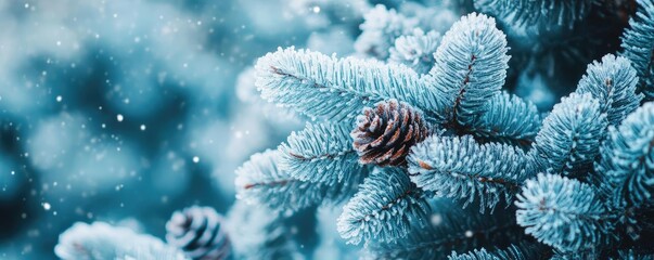 Poster - A close-up view of snow-covered pine branches with a pine cone, showcasing serene winter beauty and nature's tranquility.
