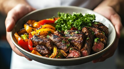 Wall Mural - Close-up of a Bowl of Grilled Steak with Bell Peppers and Parsley