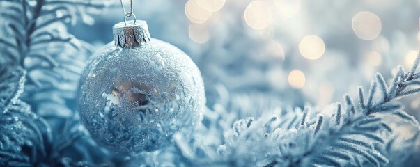 Poster - A beautiful close-up of a silver Christmas ornament hanging on frosted pine branches, capturing the essence of winter festivities.