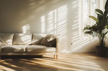 Canvas Print - Sunlit Living Room with Beige Sofa and Plant