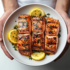 Wall Mural - Grilled Salmon with Lemon and Parsley on a Plate