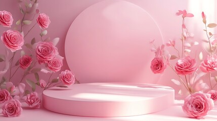 Canvas Print - Podium background 3D product platform display pink rose stage pedestal. Light background 3D podium stand scene studio