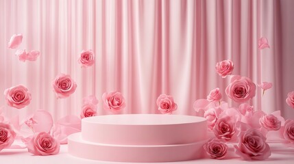 Sticker - Podium background 3D product platform display pink rose stage pedestal. Light background 3D podium stand scene studio.