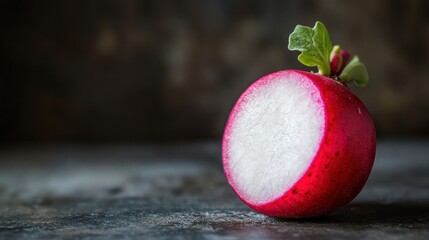 Canvas Print - Fresh Radish with Green Leaves on Dark Background