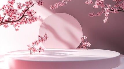 Canvas Print - Background podium 3D spring flower product beauty pink display nature. 3D podium stand background scene floral mockup cosmetic white blossom summer abstract shadow platform minimal design render stage