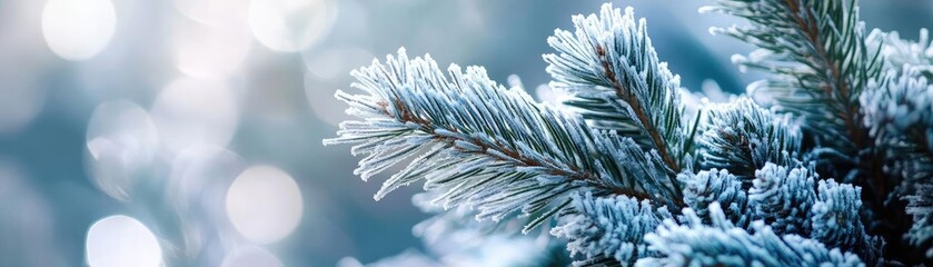 Aufkleber - Frosted pine branch glistening in winter light, capturing the serene beauty of a cold morning.