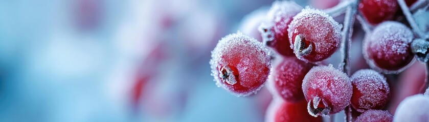 Poster - Frost-covered red berries glisten in the cold, showcasing the beauty of winter and the delicate intricacies of nature.