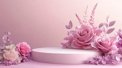 Wall Mural - Podium background flower rose product pink, 3d spring table beauty stand display, nature white. Garden rose floral summer background podium cosmetic, valentine, Easter, field scene gift purple day 