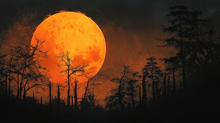 Poster - A dramatic landscape featuring a large orange moon rising over a dark forest silhouette, creating a mystical and eerie atmosphere. 