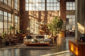 Poster - Spacious Loft with Brick Wall and Sunlight