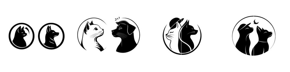 Wall Mural - Animal logo design in circle black and white cat. Icon logo. Silhouette logo.