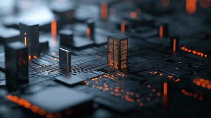 Poster - cyber metropolis: a digital city pulses with orange light, intricately woven into a futuristic citys