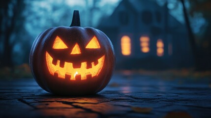 Halloween pumpkin with candlelight in front of a haunted house background,