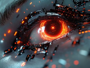 Canvas Print - A close up of a person's eye with a glowing red eye. The eye is surrounded by a blurry, pixelated cityscape. The eye is glowing with a bright red light, creating a sense of mystery and intrigue