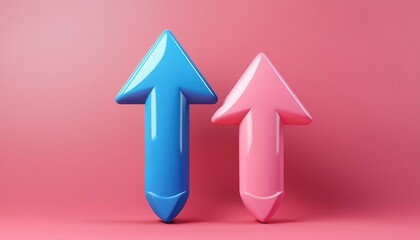 Two colorful arrow shapes pointing upwards, one blue and one pink, set against a soft pink background.