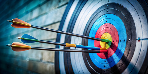 Close-up of a target with arrows hitting the bullseye, precision, on target, accurate, hitting the mark, success, goal, achievement