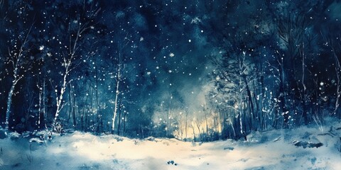 A painting of a snowy forest with trees and snowflakes falling. The mood of the painting is peaceful and serene, with the snow creating a sense of calmness and stillness. The trees are bare