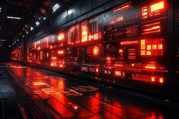 Poster - Futuristic red glowing corridor with digital screens.