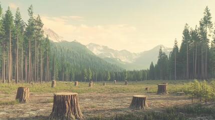 A barren landscape with tree stumps where a lush forest once stood