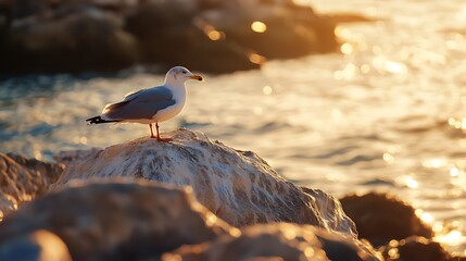 Canvas Print - Seagull Standing on a Rock at Sunset