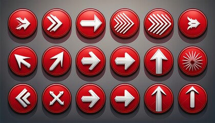 Poster - Thirteen circular red buttons with white directional arrows arranged in a grid pattern, indicating various movement directions.