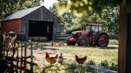 Sticker - Red Tractor in Farm Field with Chickens and Barn