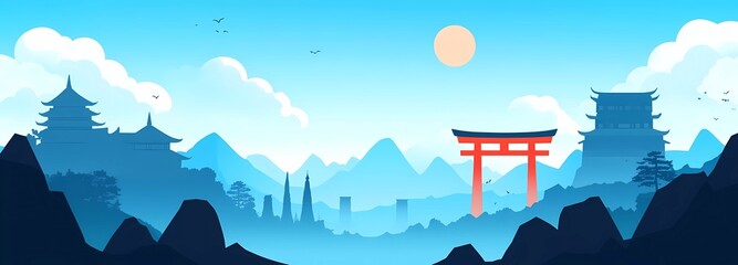 Poster - Vector illustration of a silhouette in a flat design style, with a blue sky and white clouds in the background