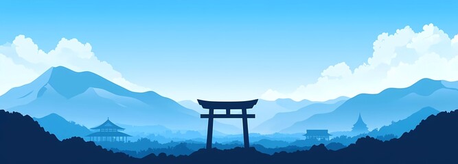 Poster - Vector illustration of a silhouette in a flat design style, with a blue sky and white clouds in the background