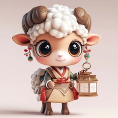 Poster - Cute Cartoon Sheep Holding a Lantern