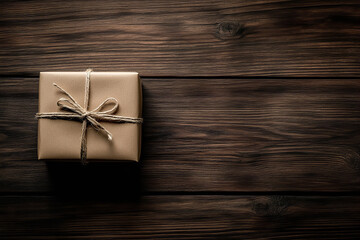 Poster - Minimalist Styled Gift Wrapping on Wooden Table - Top-Down View  