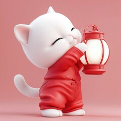 Poster - Adorable White Cat in Red Pajamas Holding a Lantern