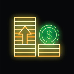 Wall Mural - Neon sign representing a growing stack of money with an up arrow and a dollar coin, a concept for business success, profit and wealth