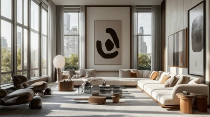 Poster - Modern Living Room with City View