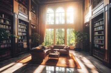 Canvas Print - Sunlit Library with Bookshelves and Couches