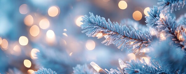 Poster - Close-up of frosted pine branches adorned with shimmering lights, capturing the essence of winter and holiday cheer.