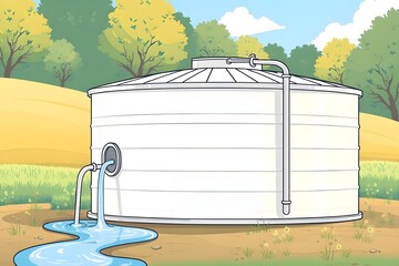 A white water tank in a serene rural landscape with a tree and blue sky. It demonstrates sustainability and natural water storage in a countryside setting.