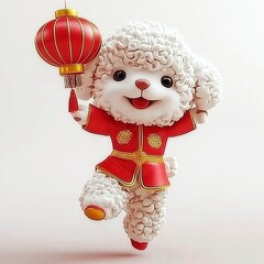 Canvas Print - Cute Sheep in Chinese New Year Costume Holding a Red Lantern