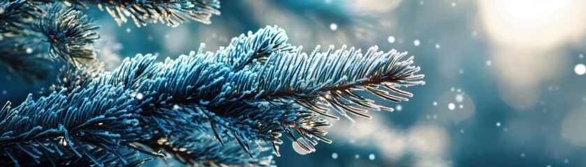 Poster - A close-up of a snow-covered evergreen branch with glistening frost and soft winter light, creating a serene, magical atmosphere.