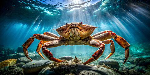 dramatic shot of a giant crab perched underwater, crab, sea creature, marine animal, underwater, oce