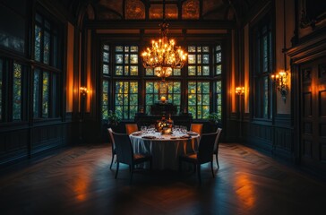 Canvas Print - Elegant Dining Room with Large Windows