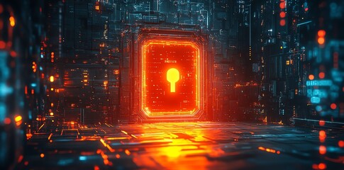 Poster - glowing keyhole in a futuristic cyberspace.