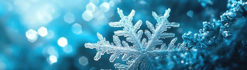 Poster - A beautiful snowflake gently resting on a blue surface, capturing the essence of winter with its intricate details and light reflection.