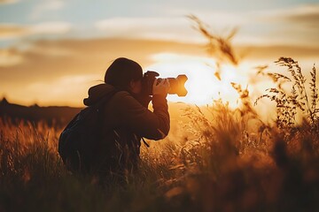 Wall Mural - A photographer captures the sunset in a field of tall grass, silhouetted against the golden sky.