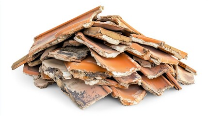 Wall Mural - side view on one single broken ceramic roof tile pile heap isolated on white background