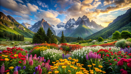 Lush landscape with colorful flowers and towering mountains, landscape, flowers, mountains, nature, scenic