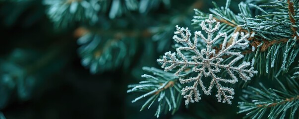Poster - Close-up of a snowflake resting on evergreen needles, showcasing intricate patterns and the beauty of winter's chill.